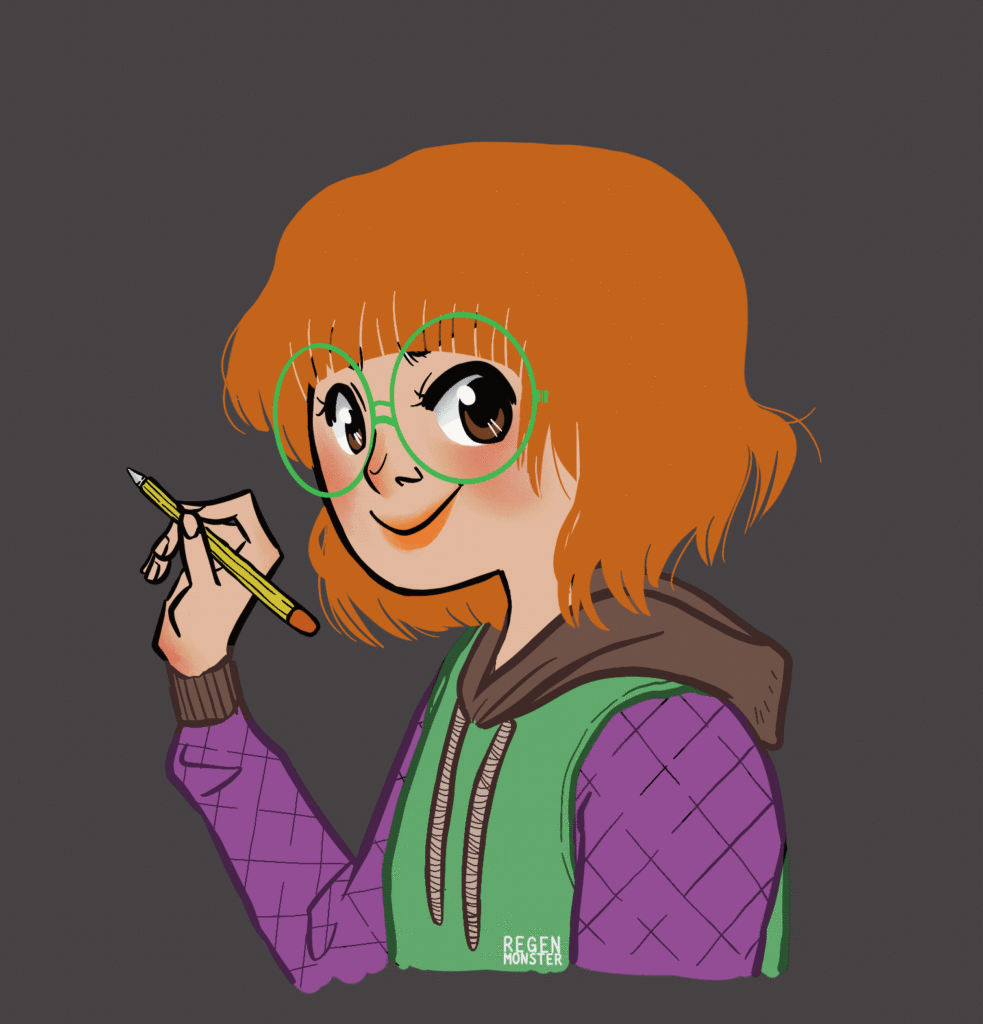 Rothaarige Frau mit digitalem Stift blinzelt.