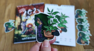 Sticker: Frau mit violetten Haaren und grüner Kaputze trägt einen Blumentopf