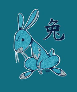 Blauer Hase mit feinen weißen Wasserlinien. Im Hintergrund steht das chinesische Zeichen für Hase.