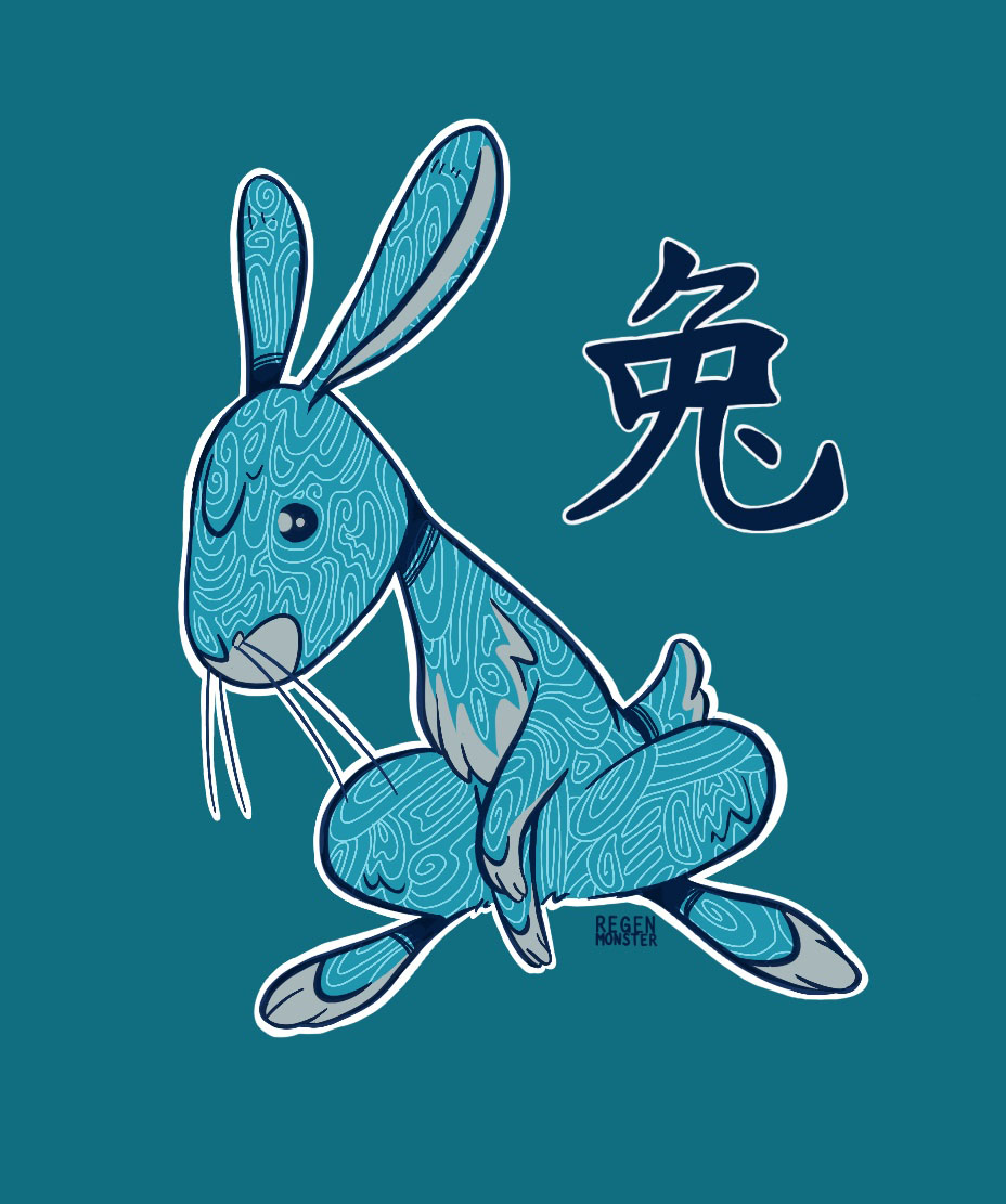 Blauer Hase mit feinen weißen Wasserlinien. Im Hintergrund steht das chinesische Zeichen für Hase.
